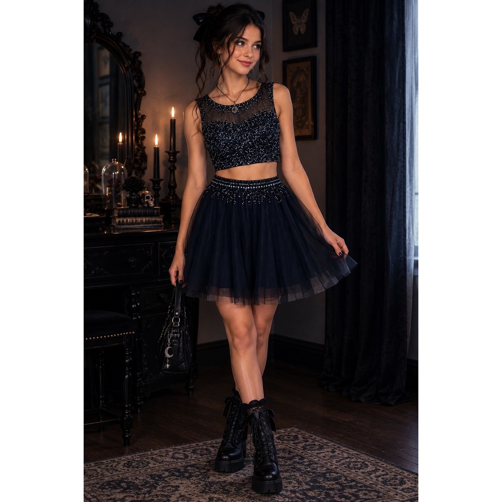 Shail K. 2-Piece Sequin Crop Top & Tulle A-Line Skirt Set whimsigoth sz 2